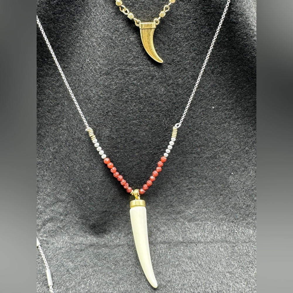 Lucky Brand Horn Bead Chain Gold Silver Two Tone Lg Faux Ivory Horn Red Crystals - Picture 6 of 10